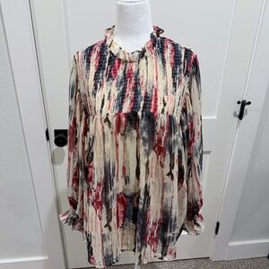 entro Abstract Ruffle-Neck Blouse in Cream, Red & Blue-Gray